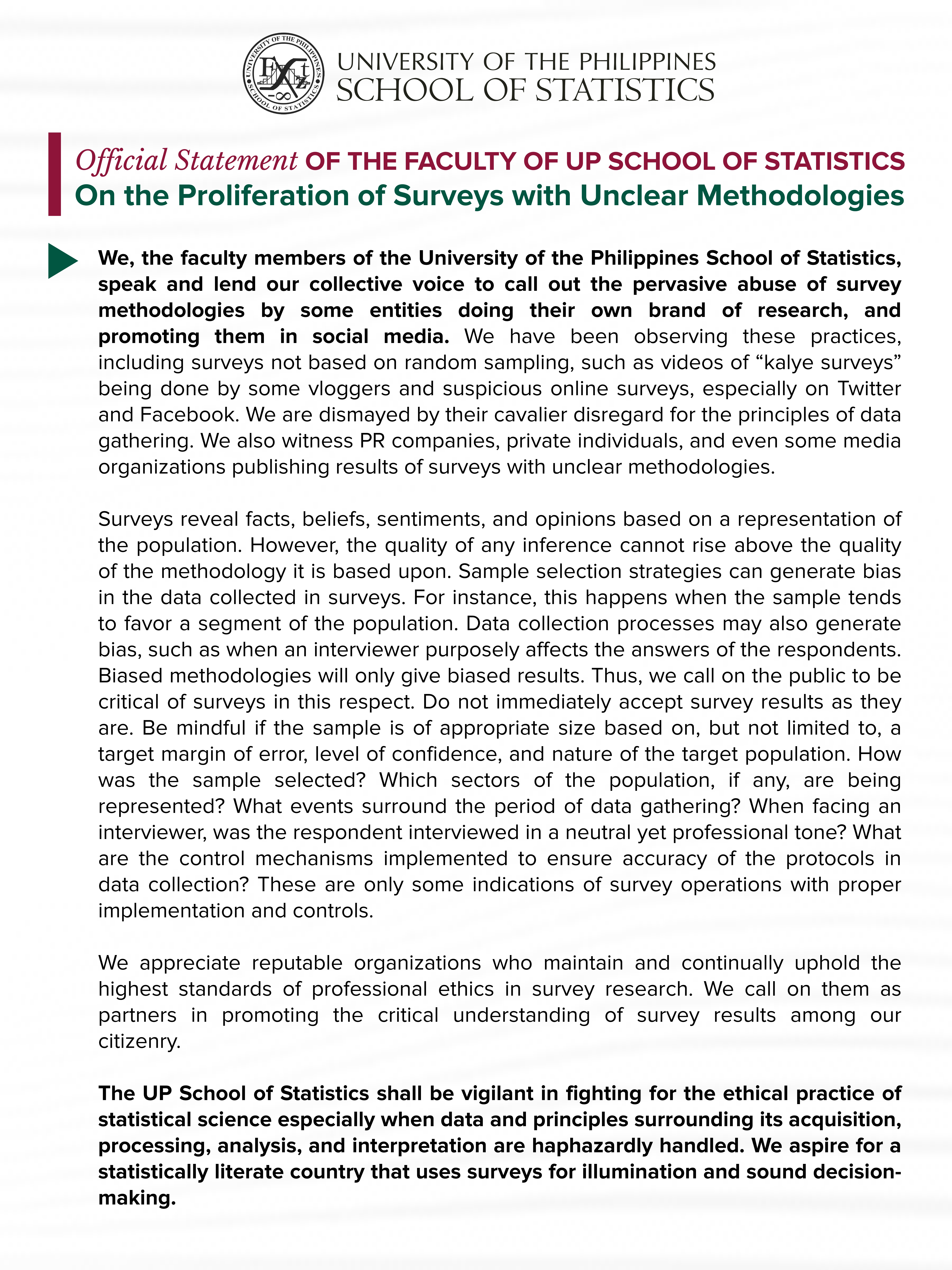 Image for Official Statement of the Faculty of UPSS on the Proliferation of Surveys with Unclear Methodologies