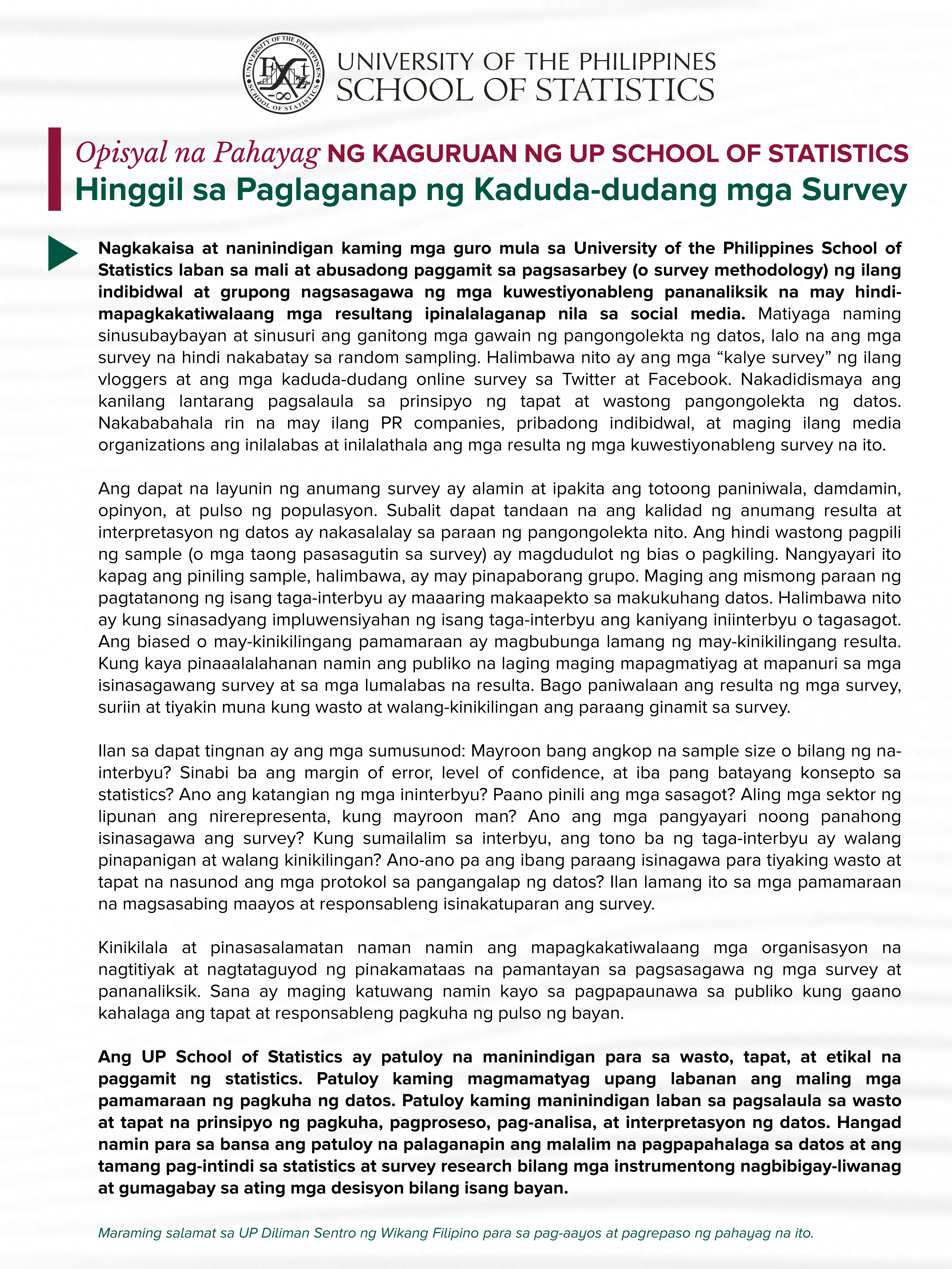 Image for Opisyal na Pahayag ng Kaguruan ng UP School of Statistics Hinggil sa Paglaganap ng Kaduda-dudang mga Survey