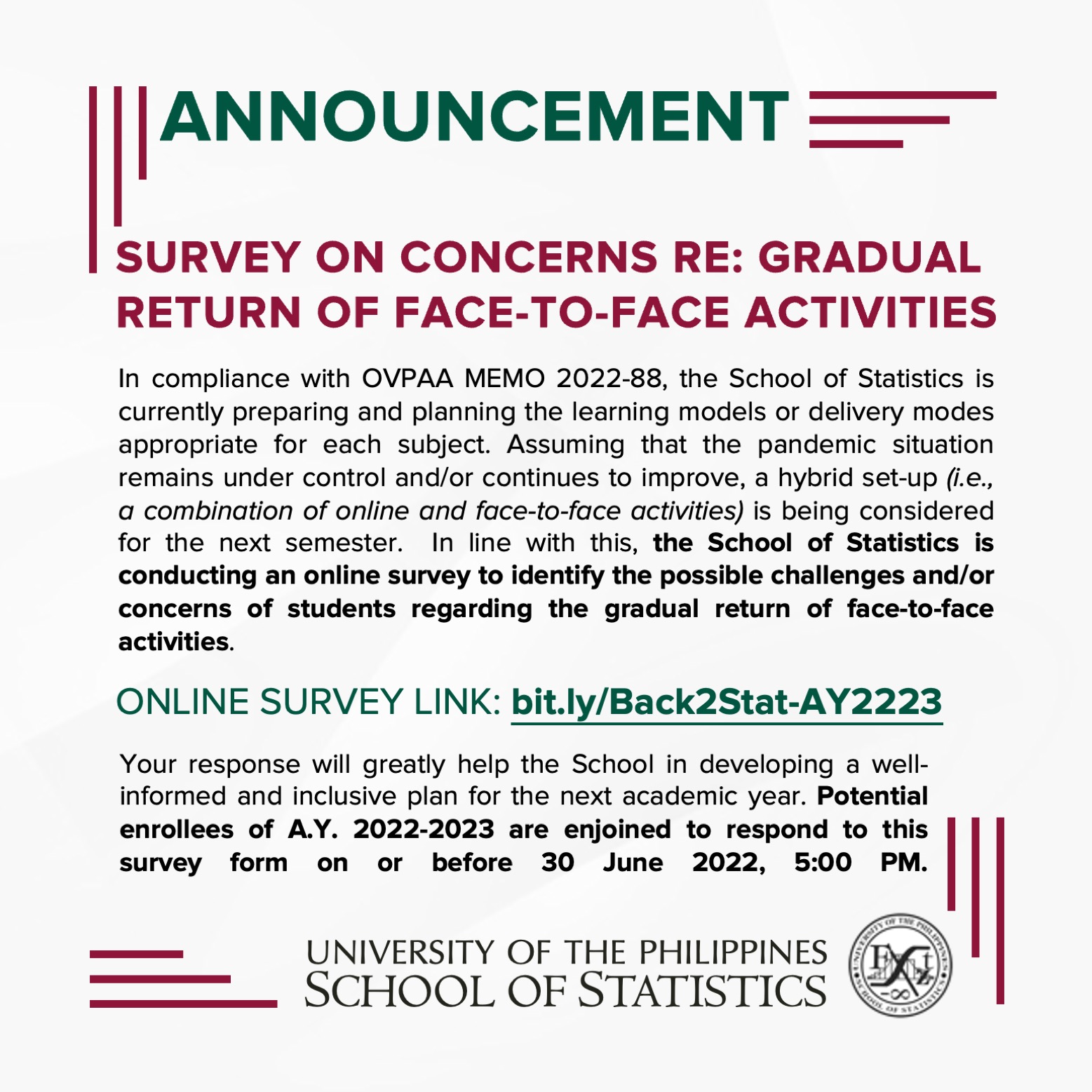 Image for Survey on Concerns re: Gradual Return of Face-to-Face Activities